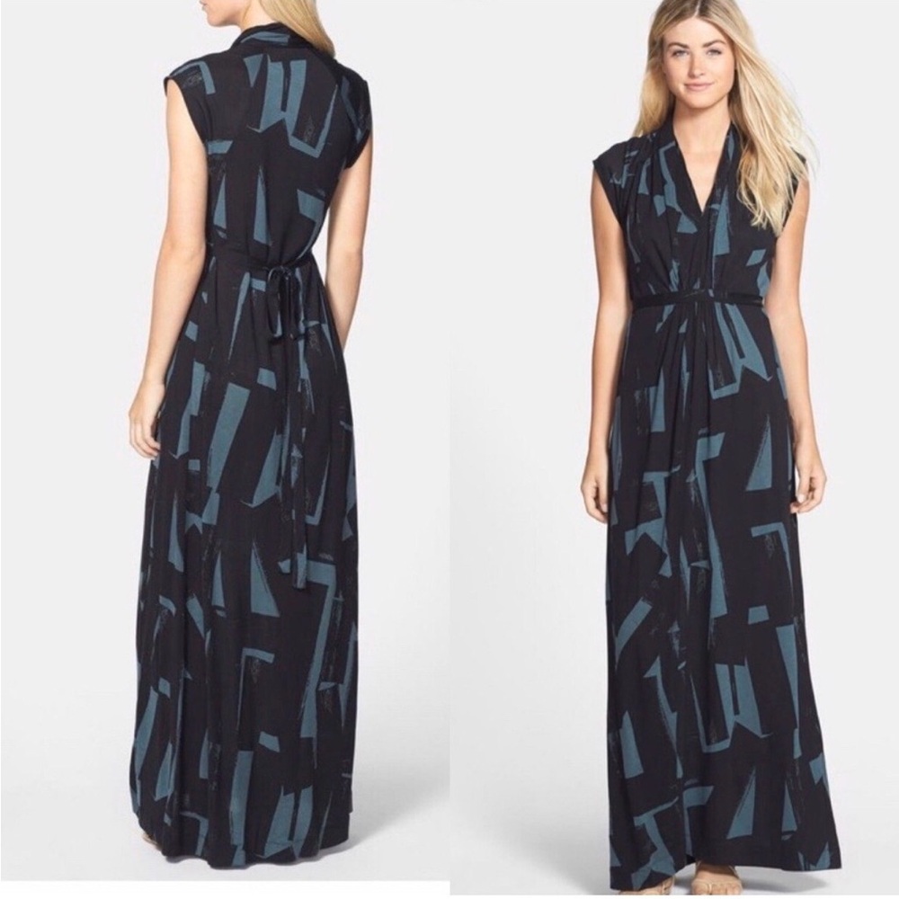 French Connection Brushstrokes Graphics Pleated Jersey Black Blue Maxi Dress 10